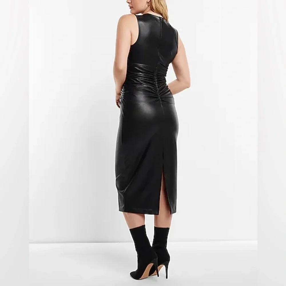 Body Contour Faux Leather Twist Front Midi Dress With Built-In Shapewear - Picture 4 of 5
